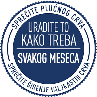 Uradite to kako treba, svakog meseca plavi kružni logo i reči buve, krpelji, plućni crv, valjkasti crv, na ivici kruga.