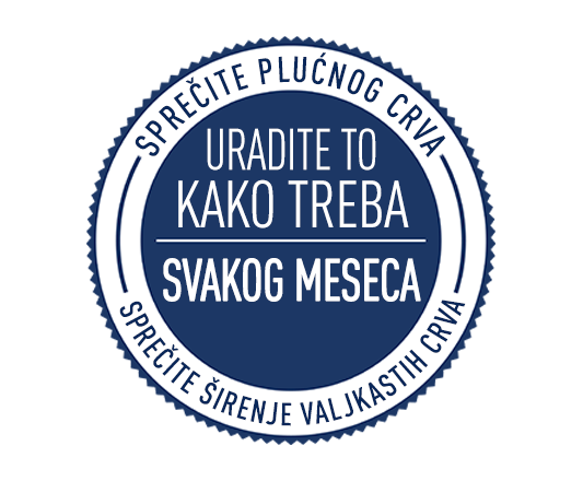 Asortiman antiparazitika sa kružnim pečatom na kome piše Uradite to kako treba, svakog meseca i rečima Buve, krpelji, plućni crvi, valjkasti crvi na spoljnoj ivici kruga.